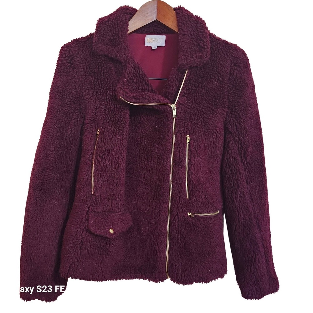 Beach Riot Burgundy Sherpa Moto Jacket Fleece Teddy Zip Up Womens XS Lined